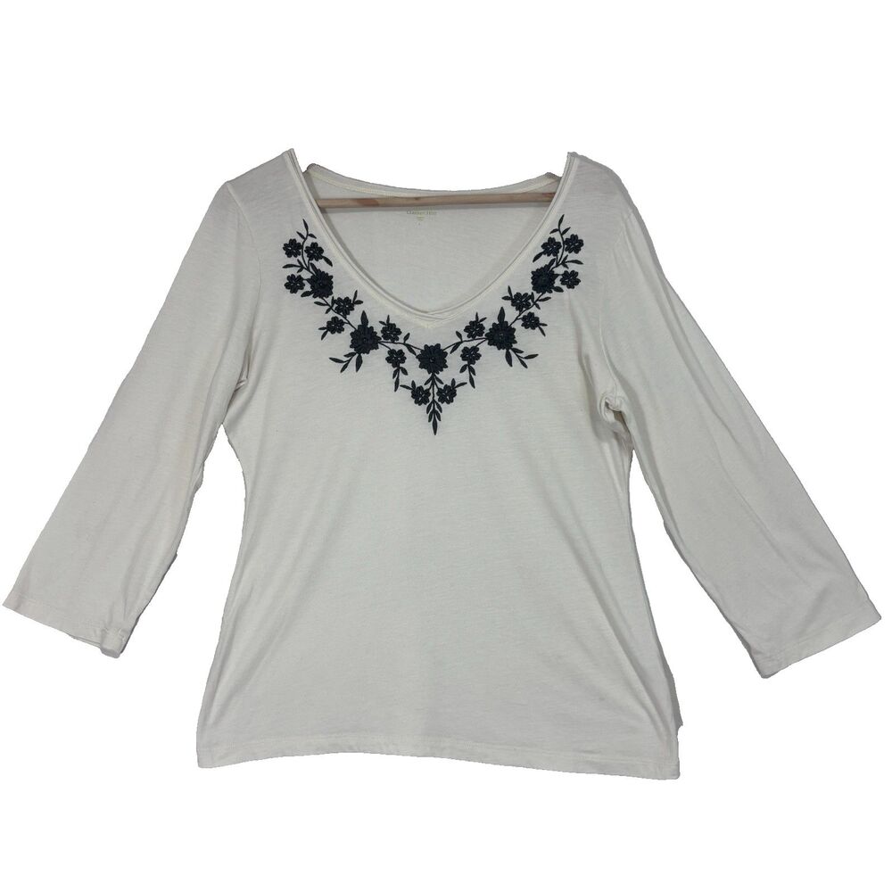 Garnet Hill Ivory Floral Embroidered 3/4‎ Sleeve Top Sz L Boho Feminine Casual
